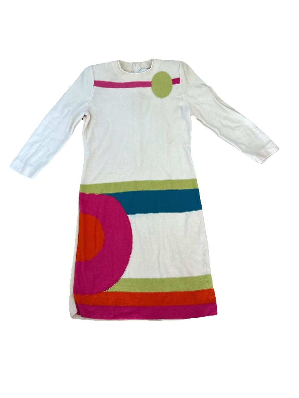 Steve Fabrikant Sweater Dress Off White Abstract Stripe Circle Pink Green Sz S